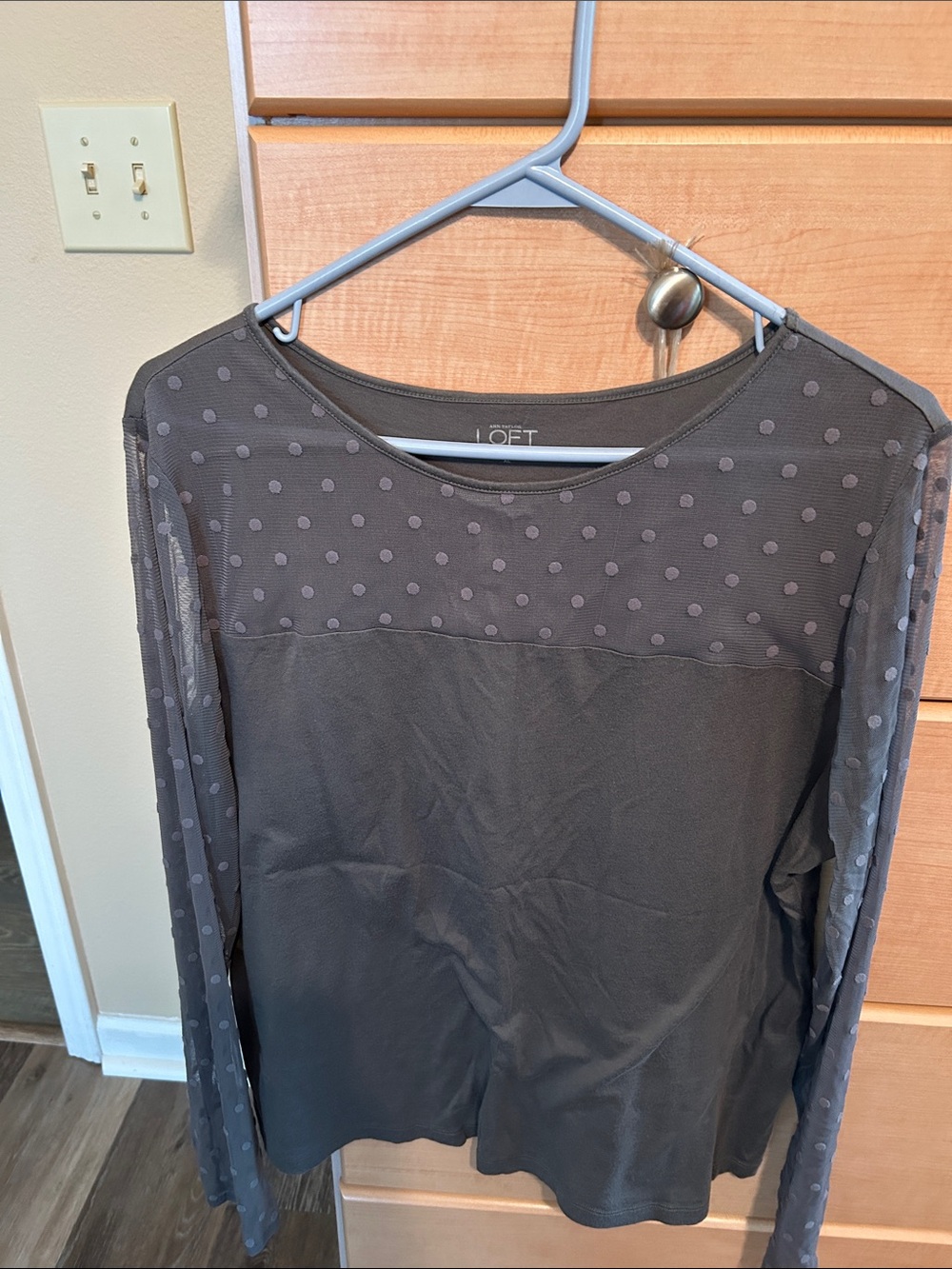 LOFT Charcoal Gray Polka Dot Mesh Sleeve Top
